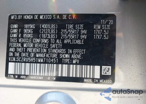 2021 Honda Hr-V 2Wd Ex from USA, damaged, VIN 3CZRU5H51MM710451